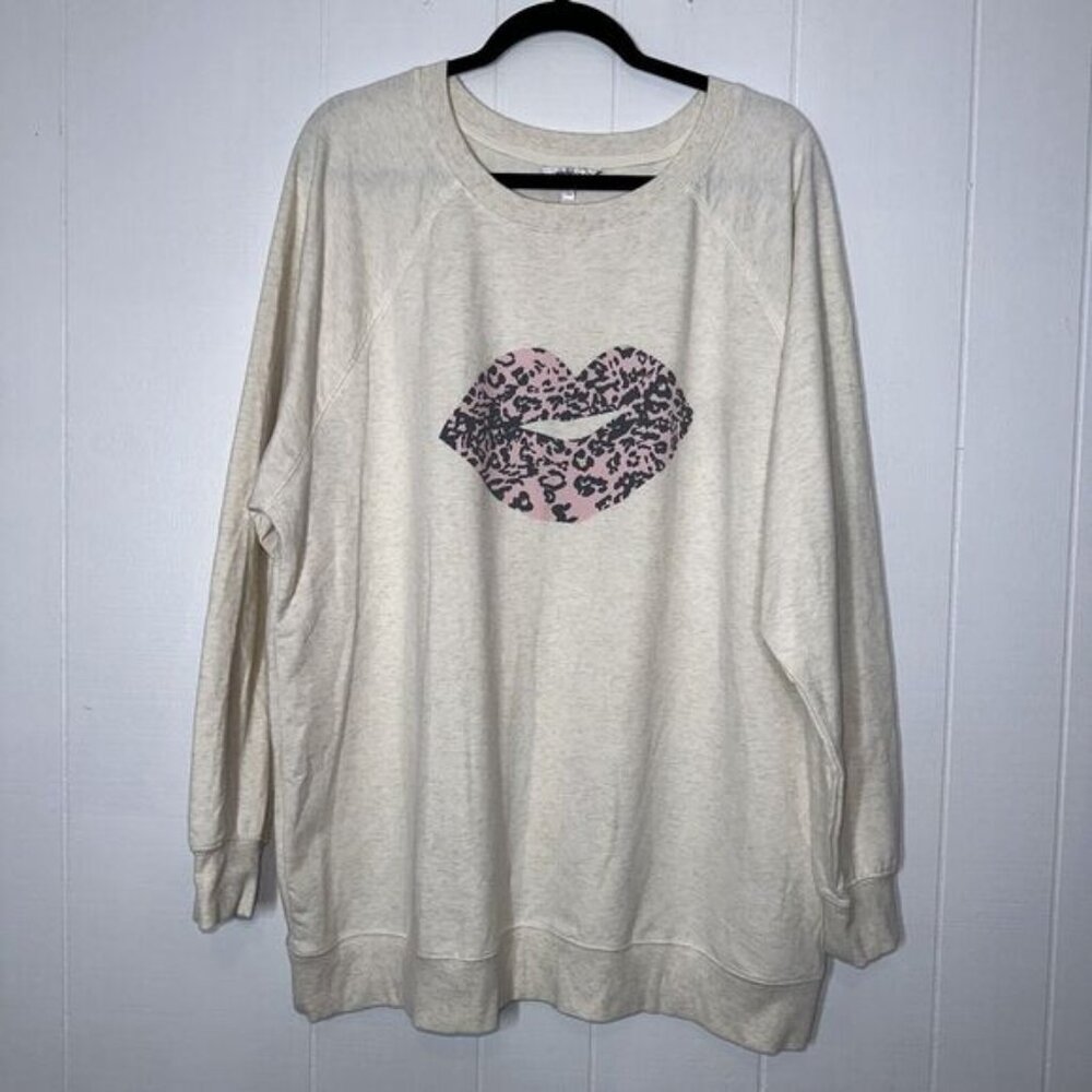 Wildfox Women’s Leopard Lips Tunic Crewneck Sweater Beige Size XL